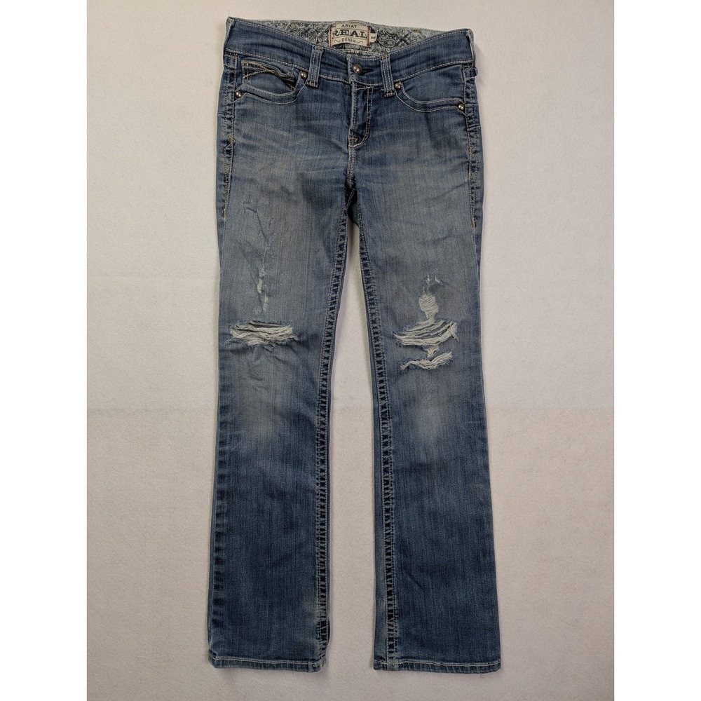 Ariat Womens REAL Denim Jeans 29L‎ Workwear Distressed Boot Cut Blue